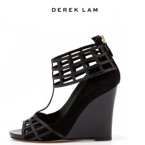 DEREK LAM 'BERYL' Cage T-STRAP BLACK Suede Leather PEEP-TOE WEDGES! Size 7!